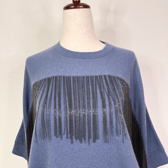 Brunello Cucinelli NWT Blue 100% Cashmere Metallic Fringe Sweater Size M Italy - Picture 2 of 13